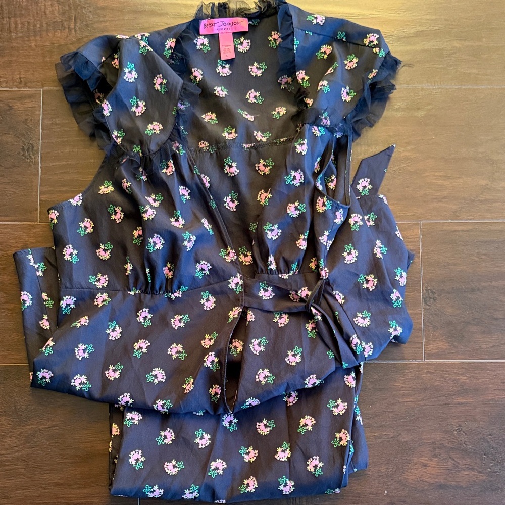 Betsey Johnson Floral Pajama Set - Black with Pink and Green